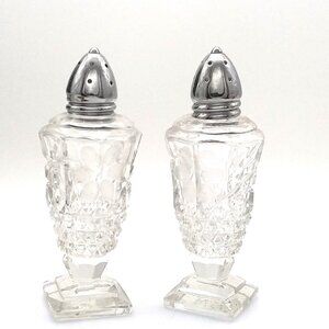 Salt & Pepper Shakers Crystal VTG Set Pedestal Base Cut Etched Frosted Flower
